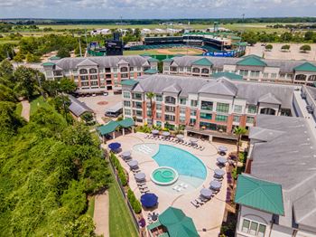 Aerial view of resort inspired pool